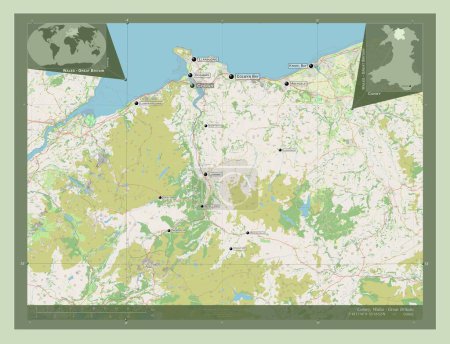 Foto de Conwy, región de Gales - Gran Bretaña. Open Street Map. Ubicaciones y nombres de las principales ciudades de la región. Mapas de ubicación auxiliares de esquina - Imagen libre de derechos