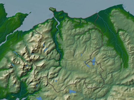 Téléchargez les photos : Conwy, région du Pays de Galles - Grande-Bretagne. Carte d'altitude colorée avec lacs et rivières - en image libre de droit