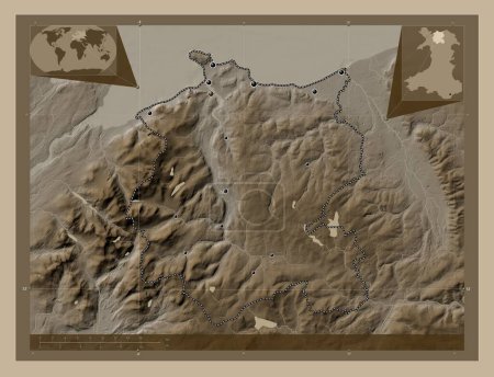 Photo for Conwy, region of Wales - Great Britain. Elevation map colored in sepia tones with lakes and rivers. Locations of major cities of the region. Corner auxiliary location maps - Royalty Free Image