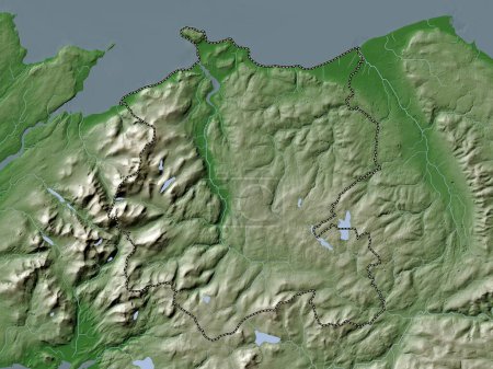 Téléchargez les photos : Conwy, région du Pays de Galles - Grande-Bretagne. Carte d'altitude colorée dans le style wiki avec des lacs et des rivières - en image libre de droit