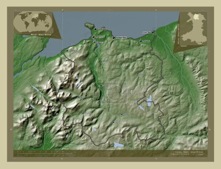 Foto de Conwy, región de Gales - Gran Bretaña. Mapa de elevación coloreado en estilo wiki con lagos y ríos. Ubicaciones y nombres de las principales ciudades de la región. Mapas de ubicación auxiliares de esquina - Imagen libre de derechos