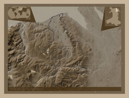 Photo for Denbighshire, region of Wales - Great Britain. Elevation map colored in sepia tones with lakes and rivers. Locations of major cities of the region. Corner auxiliary location maps - Royalty Free Image