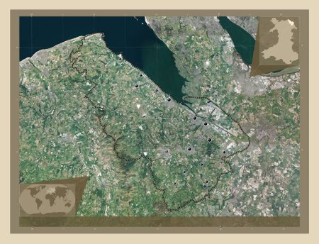 Foto de Flintshire, región de Gales - Gran Bretaña. Mapa satelital de alta resolución. Ubicaciones de las principales ciudades de la región. Mapas de ubicación auxiliares de esquina - Imagen libre de derechos