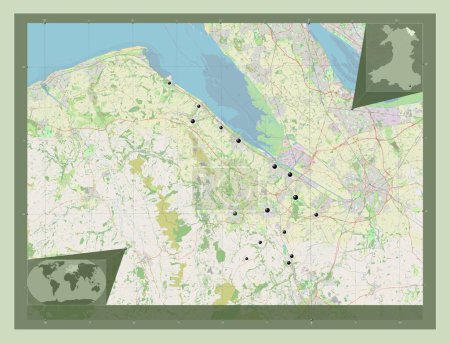 Téléchargez les photos : Flintshire, région du Pays de Galles - Grande-Bretagne. Ouvrir la carte routière. Emplacements des grandes villes de la région. Corner cartes de localisation auxiliaires - en image libre de droit