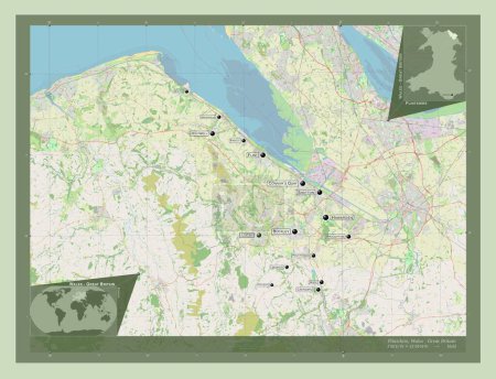 Téléchargez les photos : Flintshire, région du Pays de Galles - Grande-Bretagne. Ouvrir la carte routière. Emplacements et noms des grandes villes de la région. Corner cartes de localisation auxiliaires - en image libre de droit