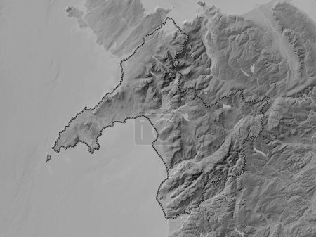 Foto de Gwynedd, región de Gales - Gran Bretaña. Mapa de elevación a escala de grises con lagos y ríos - Imagen libre de derechos