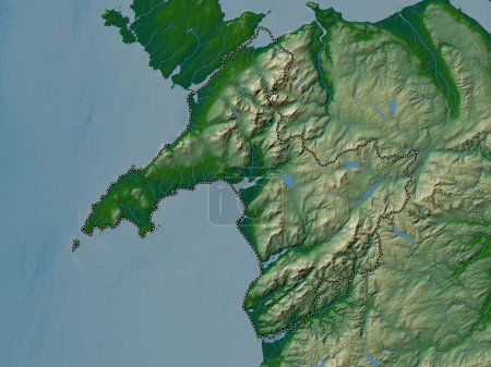 Foto de Gwynedd, región de Gales - Gran Bretaña. Mapa de elevación de colores con lagos y ríos - Imagen libre de derechos