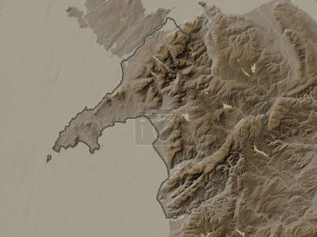 Téléchargez les photos : Gwynedd, région du Pays de Galles - Grande-Bretagne. Carte d'altitude colorée dans des tons sépia avec des lacs et des rivières - en image libre de droit