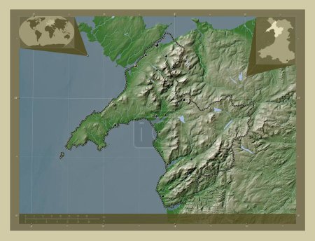 Téléchargez les photos : Gwynedd, région du Pays de Galles - Grande-Bretagne. Carte d'altitude colorée dans le style wiki avec des lacs et des rivières. Emplacements des grandes villes de la région. Corner cartes de localisation auxiliaires - en image libre de droit