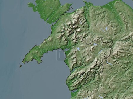Foto de Gwynedd, región de Gales - Gran Bretaña. Mapa de elevación coloreado en estilo wiki con lagos y ríos - Imagen libre de derechos