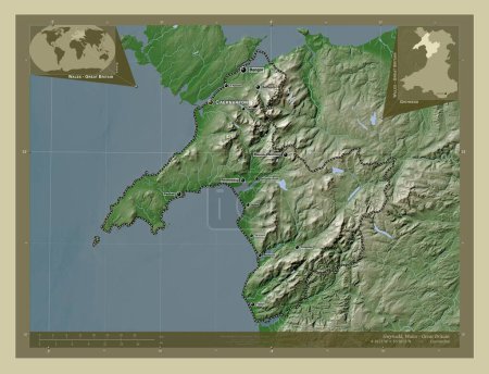 Foto de Gwynedd, región de Gales - Gran Bretaña. Mapa de elevación coloreado en estilo wiki con lagos y ríos. Ubicaciones y nombres de las principales ciudades de la región. Mapas de ubicación auxiliares de esquina - Imagen libre de derechos