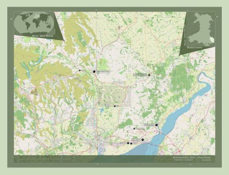 Foto de Monmouthshire, región de Gales - Gran Bretaña. Open Street Map. Ubicaciones y nombres de las principales ciudades de la región. Mapas de ubicación auxiliares de esquina - Imagen libre de derechos