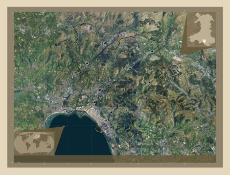 Foto de Neath Port Talbot, región de Gales - Gran Bretaña. Mapa satelital de alta resolución. Ubicaciones de las principales ciudades de la región. Mapas de ubicación auxiliares de esquina - Imagen libre de derechos