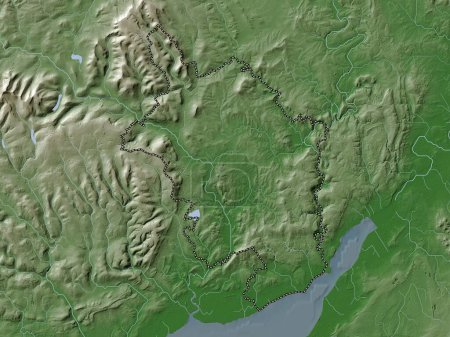 Téléchargez les photos : Monmouthshire, région du Pays de Galles - Grande-Bretagne. Carte d'altitude colorée dans le style wiki avec des lacs et des rivières - en image libre de droit