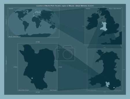 Foto de Neath Port Talbot, región de Gales - Gran Bretaña. Diagrama que muestra la ubicación de la región en mapas a gran escala. Composición de marcos vectoriales y formas PNG sobre un fondo sólido - Imagen libre de derechos