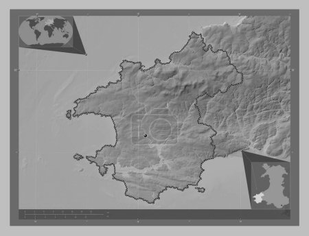 Photo for Pembrokeshire, region of Wales - Great Britain. Grayscale elevation map with lakes and rivers. Corner auxiliary location maps - Royalty Free Image