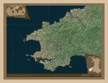 Photo for Pembrokeshire, region of Wales - Great Britain. Low resolution satellite map. Locations and names of major cities of the region. Corner auxiliary location maps - Royalty Free Image