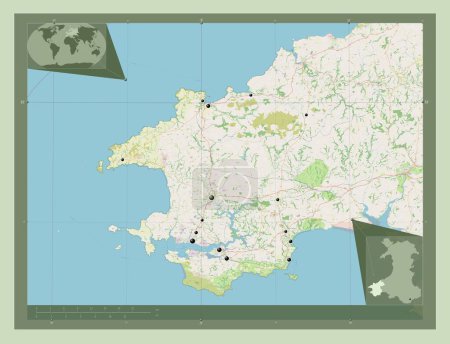 Téléchargez les photos : Pembrokeshire, région du Pays de Galles - Grande-Bretagne. Ouvrir la carte routière. Emplacements des grandes villes de la région. Corner cartes de localisation auxiliaires - en image libre de droit