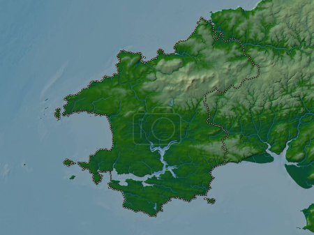 Foto de Pembrokeshire, región de Gales - Gran Bretaña. Mapa de elevación de colores con lagos y ríos - Imagen libre de derechos