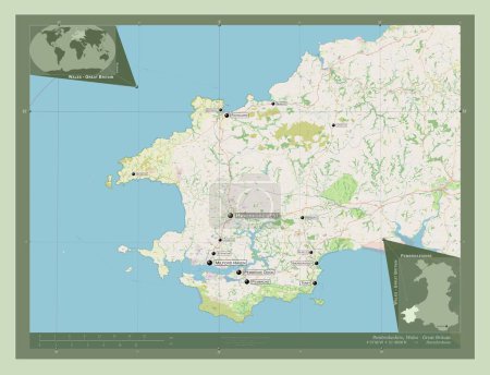 Téléchargez les photos : Pembrokeshire, région du Pays de Galles - Grande-Bretagne. Ouvrir la carte routière. Emplacements et noms des grandes villes de la région. Corner cartes de localisation auxiliaires - en image libre de droit