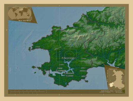 Téléchargez les photos : Pembrokeshire, région du Pays de Galles - Grande-Bretagne. Carte d'altitude colorée avec lacs et rivières. Emplacements et noms des grandes villes de la région. Corner cartes de localisation auxiliaires - en image libre de droit
