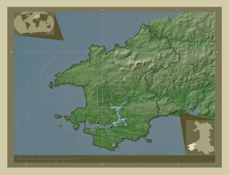 Téléchargez les photos : Pembrokeshire, région du Pays de Galles - Grande-Bretagne. Carte d'altitude colorée dans le style wiki avec des lacs et des rivières. Emplacements des grandes villes de la région. Corner cartes de localisation auxiliaires - en image libre de droit