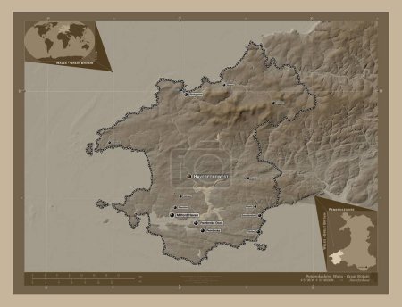 Photo for Pembrokeshire, region of Wales - Great Britain. Elevation map colored in sepia tones with lakes and rivers. Locations and names of major cities of the region. Corner auxiliary location maps - Royalty Free Image
