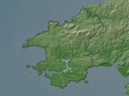 Téléchargez les photos : Pembrokeshire, région du Pays de Galles - Grande-Bretagne. Carte d'altitude colorée dans le style wiki avec des lacs et des rivières - en image libre de droit