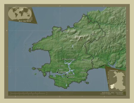 Téléchargez les photos : Pembrokeshire, région du Pays de Galles - Grande-Bretagne. Carte d'altitude colorée dans le style wiki avec des lacs et des rivières. Emplacements et noms des grandes villes de la région. Corner cartes de localisation auxiliaires - en image libre de droit