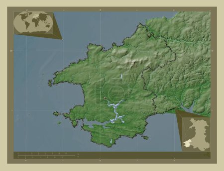 Photo for Pembrokeshire, region of Wales - Great Britain. Elevation map colored in wiki style with lakes and rivers. Corner auxiliary location maps - Royalty Free Image