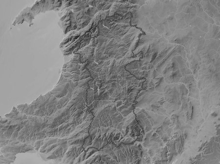 Téléchargez les photos : Powys, région du Pays de Galles - Grande-Bretagne. Carte d'altitude en niveaux de gris avec lacs et rivières - en image libre de droit