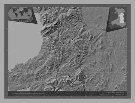 Photo for Powys, region of Wales - Great Britain. Bilevel elevation map with lakes and rivers. Locations and names of major cities of the region. Corner auxiliary location maps - Royalty Free Image