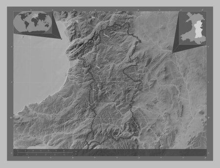 Photo for Powys, region of Wales - Great Britain. Grayscale elevation map with lakes and rivers. Corner auxiliary location maps - Royalty Free Image
