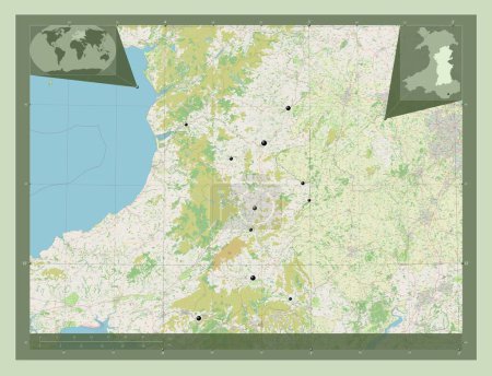 Foto de Powys, región de Gales - Gran Bretaña. Open Street Map. Ubicaciones de las principales ciudades de la región. Mapas de ubicación auxiliares de esquina - Imagen libre de derechos