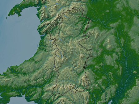 Téléchargez les photos : Powys, région du Pays de Galles - Grande-Bretagne. Carte d'altitude colorée avec lacs et rivières - en image libre de droit