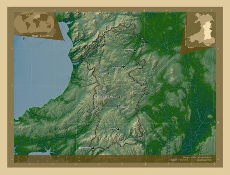 Téléchargez les photos : Powys, région du Pays de Galles - Grande-Bretagne. Carte d'altitude colorée avec lacs et rivières. Emplacements et noms des grandes villes de la région. Corner cartes de localisation auxiliaires - en image libre de droit