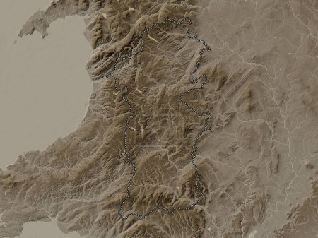 Téléchargez les photos : Powys, région du Pays de Galles - Grande-Bretagne. Carte d'altitude colorée dans des tons sépia avec des lacs et des rivières - en image libre de droit