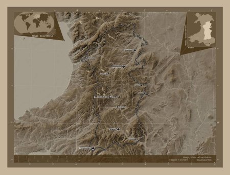 Téléchargez les photos : Powys, région du Pays de Galles - Grande-Bretagne. Carte d'altitude colorée dans des tons sépia avec des lacs et des rivières. Emplacements et noms des grandes villes de la région. Corner cartes de localisation auxiliaires - en image libre de droit
