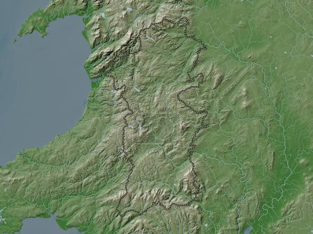 Téléchargez les photos : Powys, région du Pays de Galles - Grande-Bretagne. Carte d'altitude colorée dans le style wiki avec des lacs et des rivières - en image libre de droit