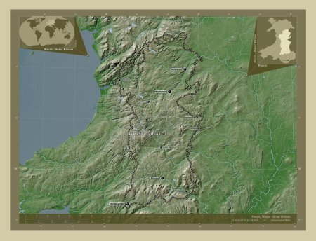 Foto de Powys, región de Gales - Gran Bretaña. Mapa de elevación coloreado en estilo wiki con lagos y ríos. Ubicaciones y nombres de las principales ciudades de la región. Mapas de ubicación auxiliares de esquina - Imagen libre de derechos