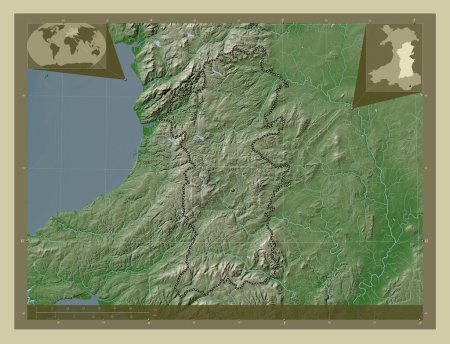 Téléchargez les photos : Powys, région du Pays de Galles - Grande-Bretagne. Carte d'altitude colorée dans le style wiki avec des lacs et des rivières. Corner cartes de localisation auxiliaires - en image libre de droit