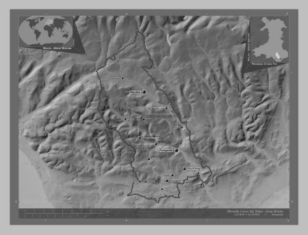 Photo for Rhondda Cynon Taf, region of Wales - Great Britain. Grayscale elevation map with lakes and rivers. Locations and names of major cities of the region. Corner auxiliary location maps - Royalty Free Image