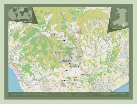 Foto de Rhondda Cynon Taf, región de Gales - Gran Bretaña. Open Street Map. Ubicaciones y nombres de las principales ciudades de la región. Mapas de ubicación auxiliares de esquina - Imagen libre de derechos