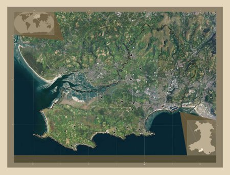 Foto de Swansea, región de Gales - Gran Bretaña. Mapa satelital de alta resolución. Ubicaciones de las principales ciudades de la región. Mapas de ubicación auxiliares de esquina - Imagen libre de derechos