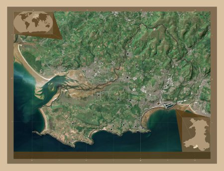 Foto de Swansea, región de Gales - Gran Bretaña. Mapa satelital de baja resolución. Ubicaciones de las principales ciudades de la región. Mapas de ubicación auxiliares de esquina - Imagen libre de derechos