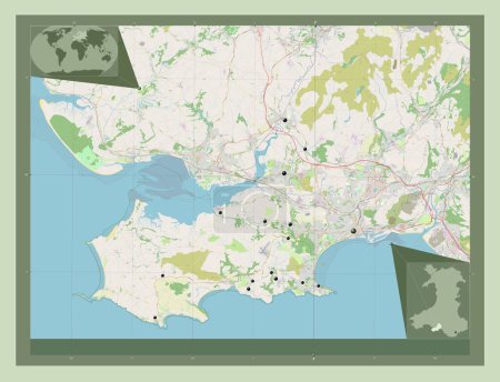 Foto de Swansea, región de Gales - Gran Bretaña. Open Street Map. Ubicaciones de las principales ciudades de la región. Mapas de ubicación auxiliares de esquina - Imagen libre de derechos