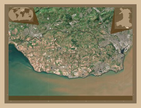 Photo for Vale of Glamorgan, region of Wales - Great Britain. Low resolution satellite map. Locations of major cities of the region. Corner auxiliary location maps - Royalty Free Image