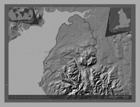Photo for Allerdale, non metropolitan district of England - Great Britain. Bilevel elevation map with lakes and rivers. Locations and names of major cities of the region. Corner auxiliary location maps - Royalty Free Image