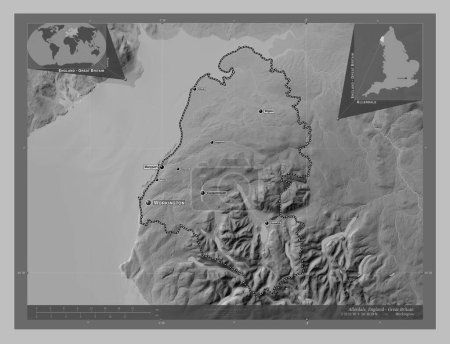 Photo for Allerdale, non metropolitan district of England - Great Britain. Grayscale elevation map with lakes and rivers. Locations and names of major cities of the region. Corner auxiliary location maps - Royalty Free Image