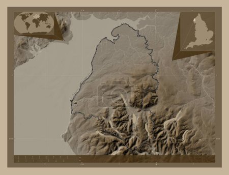 Photo for Allerdale, non metropolitan district of England - Great Britain. Elevation map colored in sepia tones with lakes and rivers. Corner auxiliary location maps - Royalty Free Image